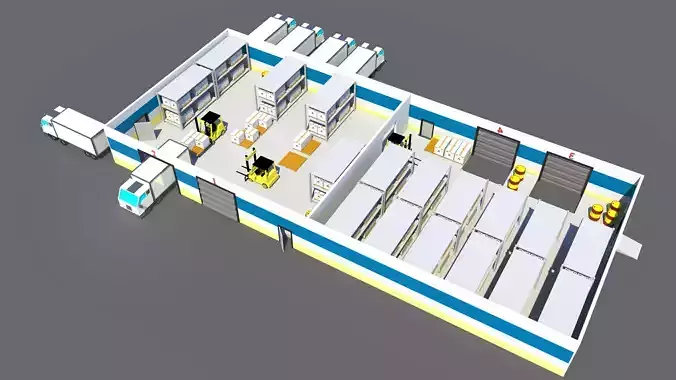 3D model Low Poly Warehouse with Forklift and Truck Low-poly 3D model