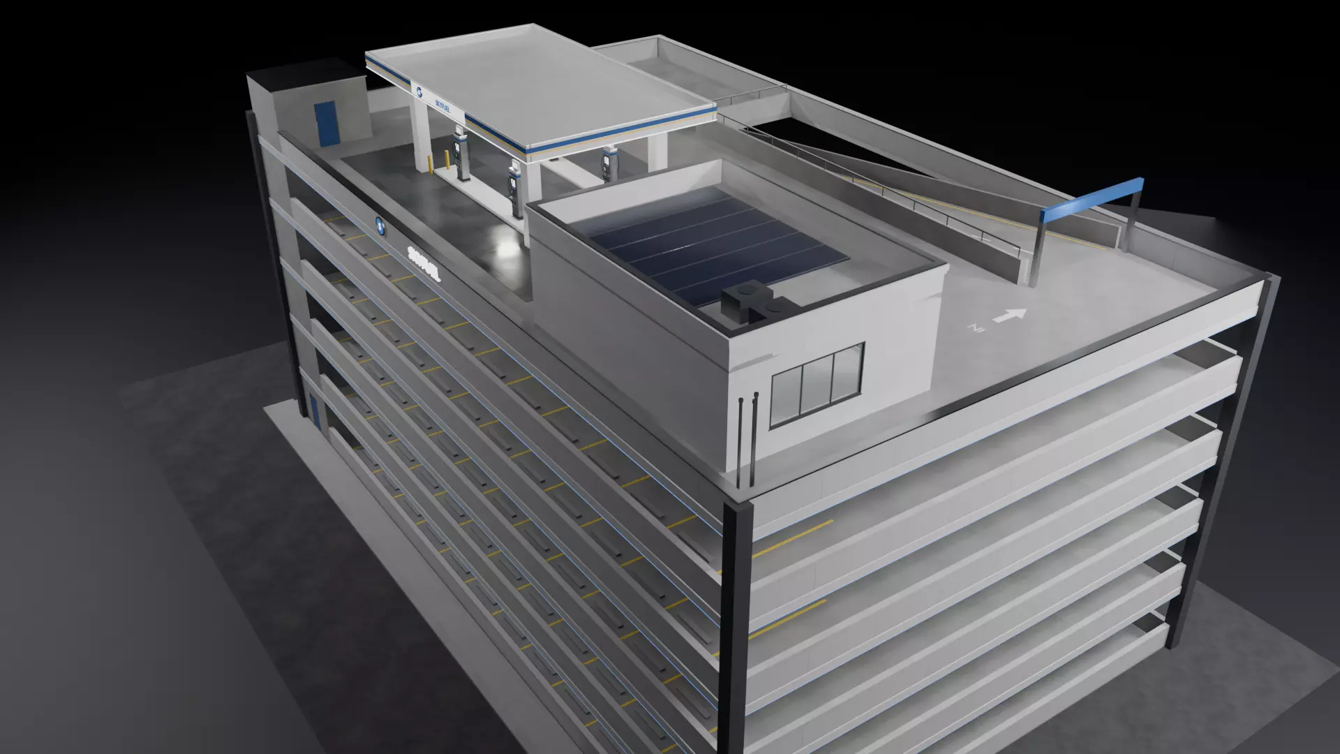 Parking Garage with Rooftop Gas Station 5 Storey - SKYFUEL Low-poly 3D model
