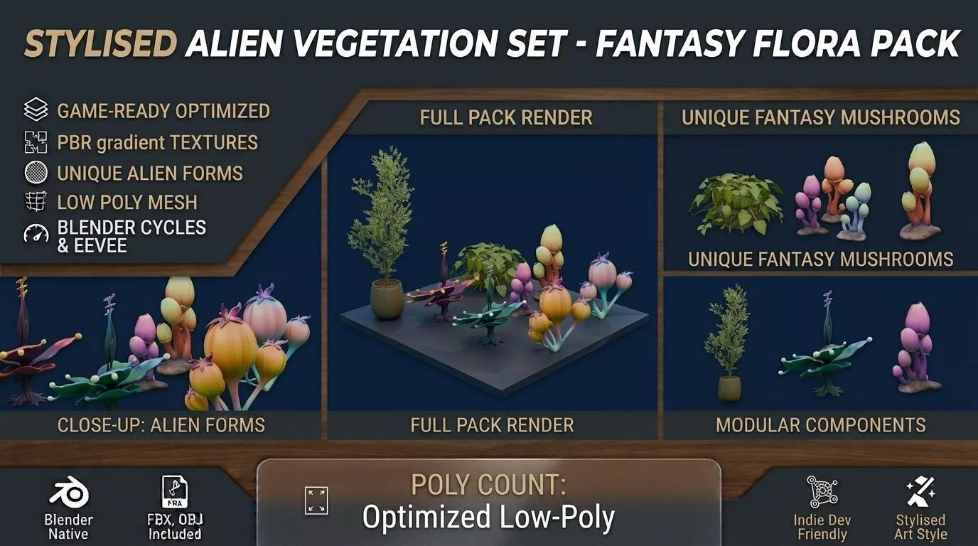 Stylized Fantasy Plants Alien Flora Pack Low-poly 3D model