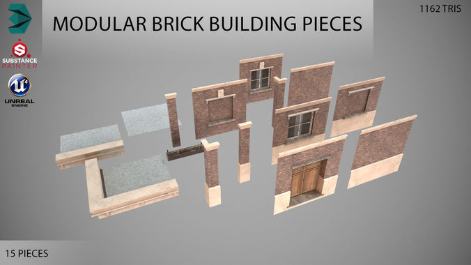 Modular Brick Building Pieces Next Gen PBR Low-poly 3D model