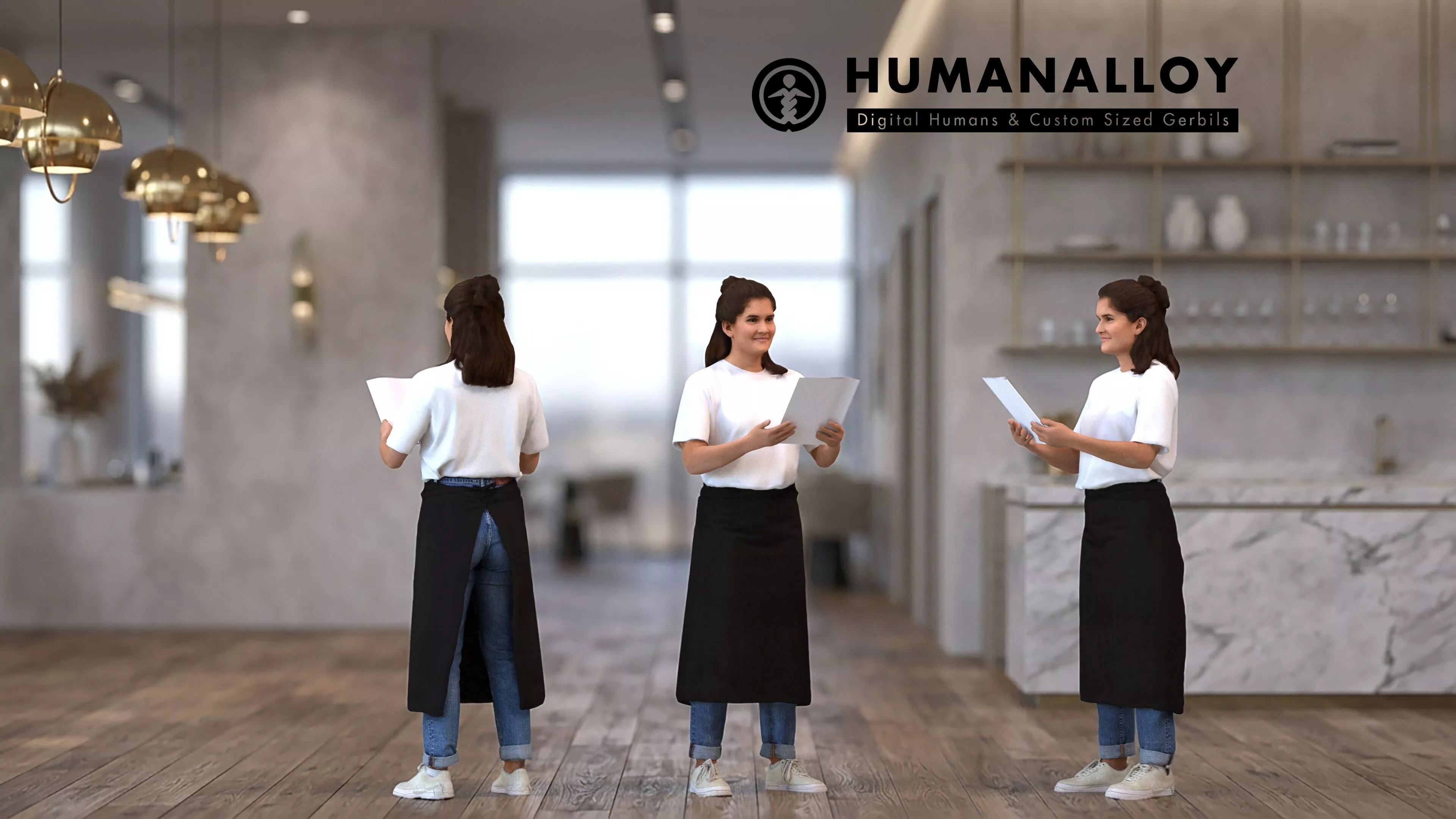 Adult Caucasian woman reading in hospitality setting wearing 3D model