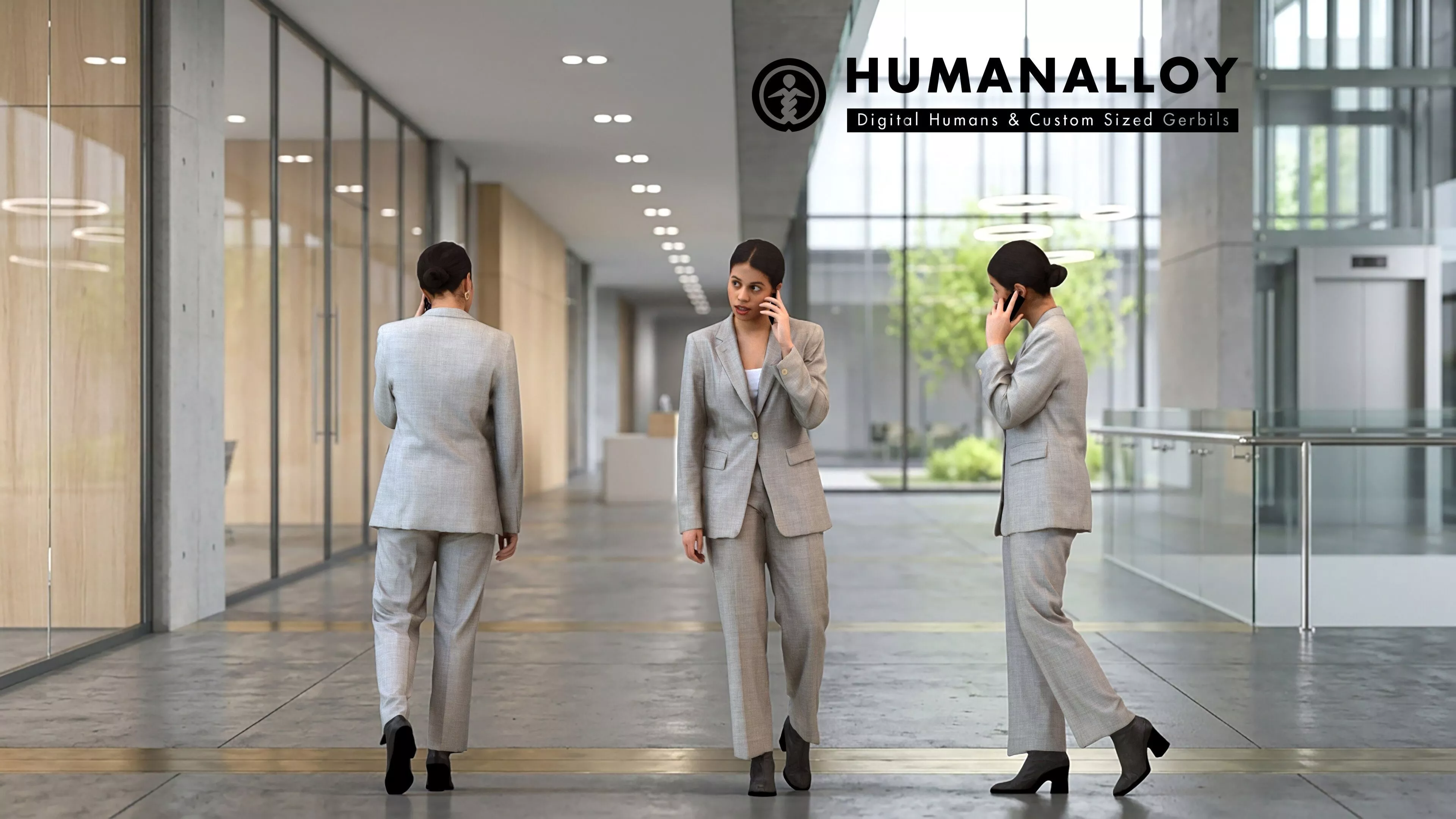 Adult Latino woman walking while calling in office wearing 3D model