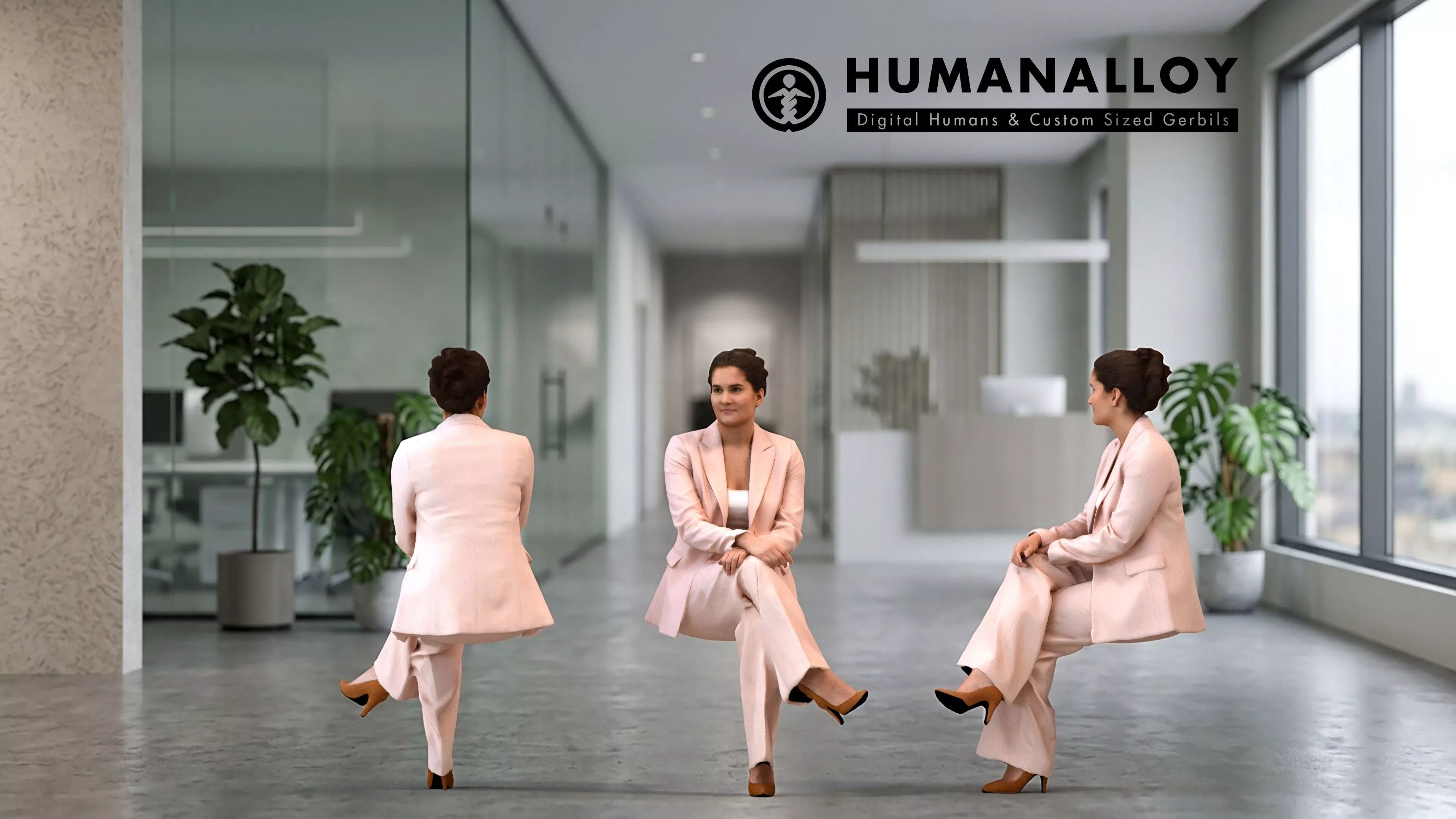 Adult Caucasian woman sitting in office wearing transitional 3D model