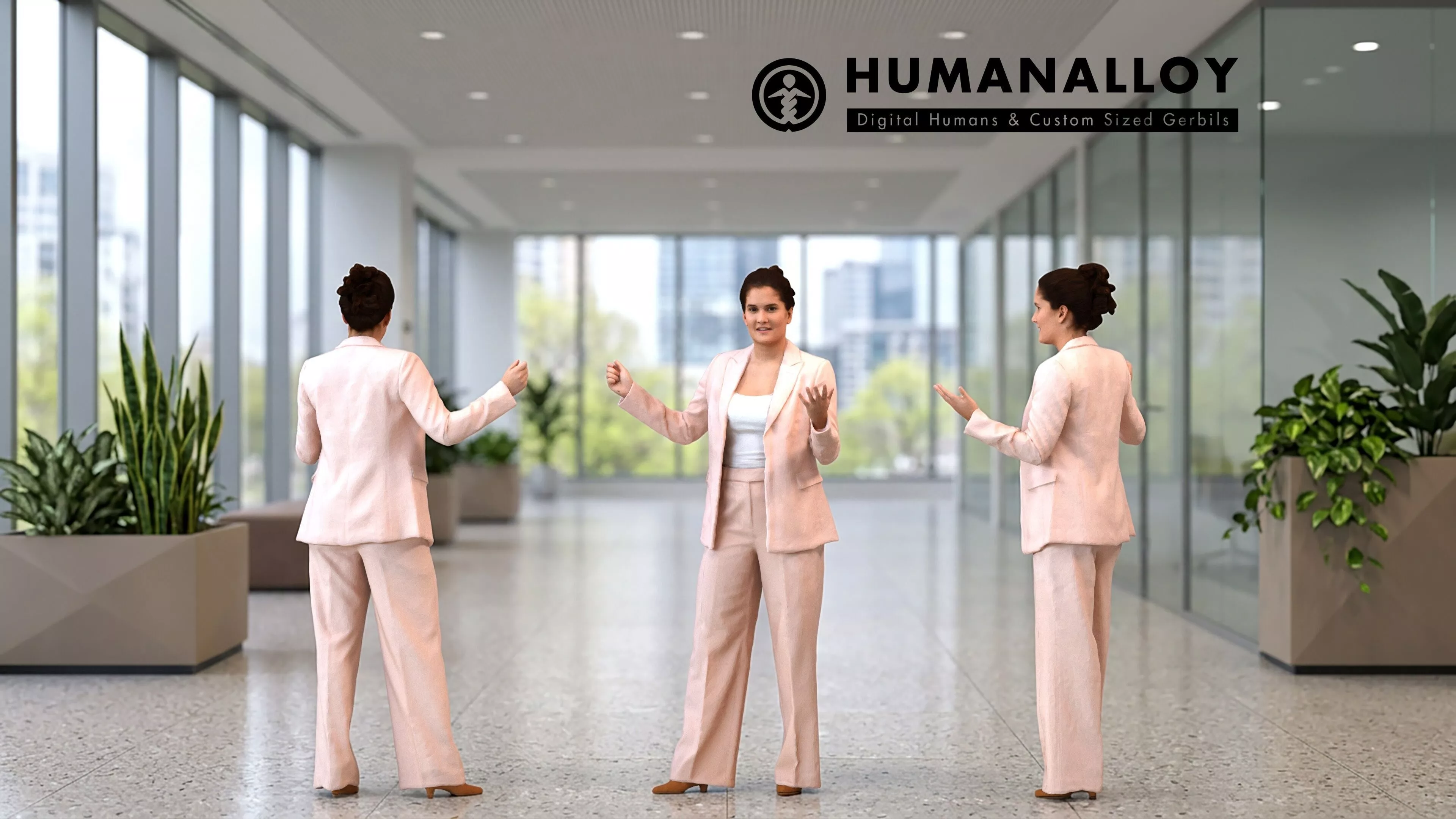 Adult Caucasian woman presenting in office wearing autumn or 3D model