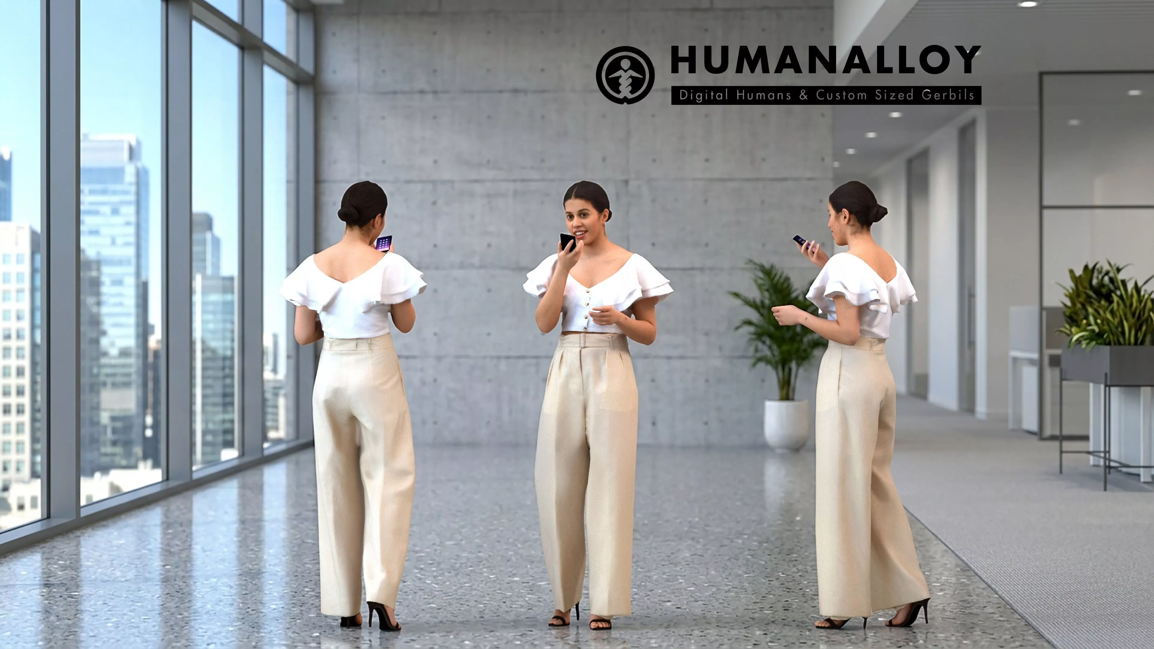 Adult Latino woman calling in office wearing transitional 3D model
