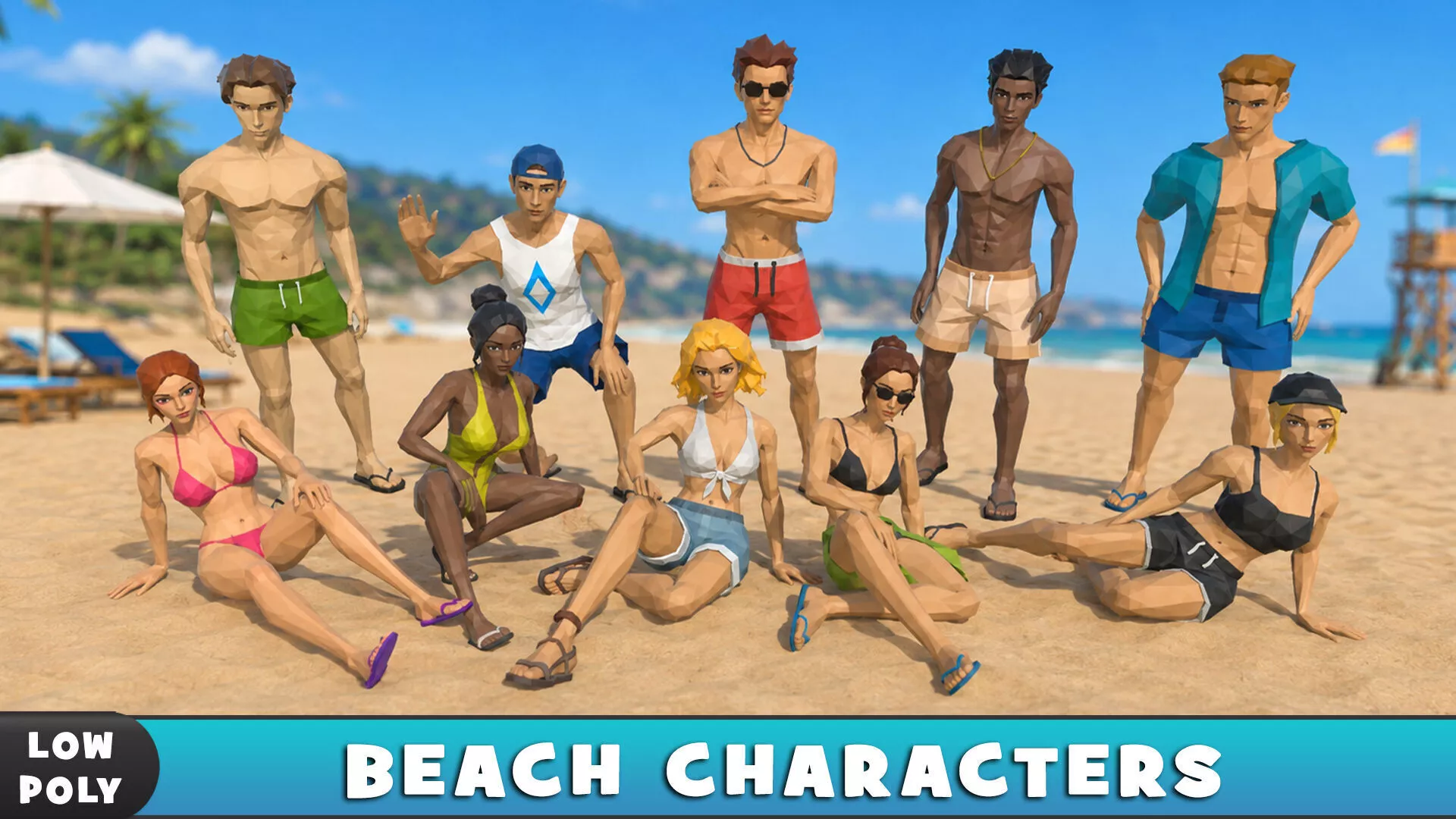 Beach Characters - boys and girls Low-poly 3D model