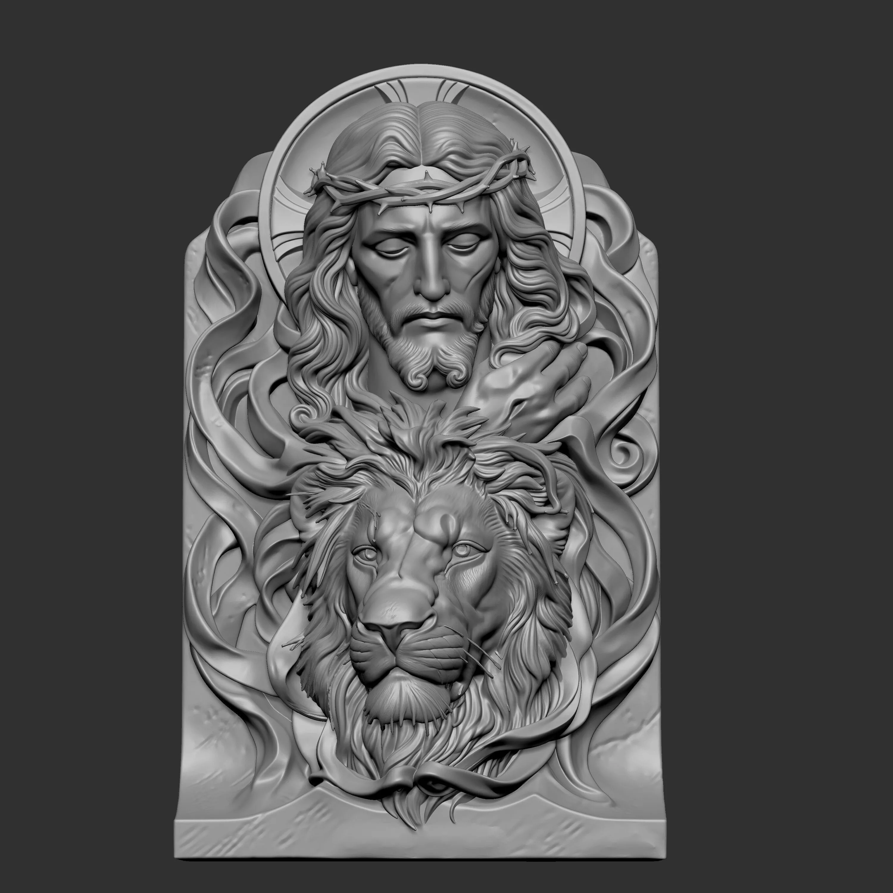 crown of thorns positioned above the Lion of Judah 3D print model