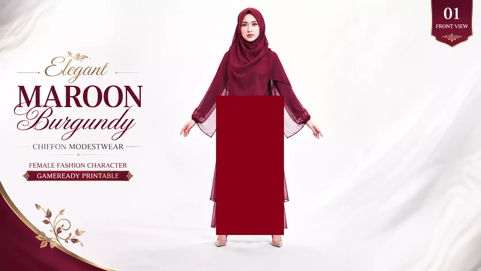 Elegant Burgundy Chiffon Modest Arab Female Fashion Character 3D model