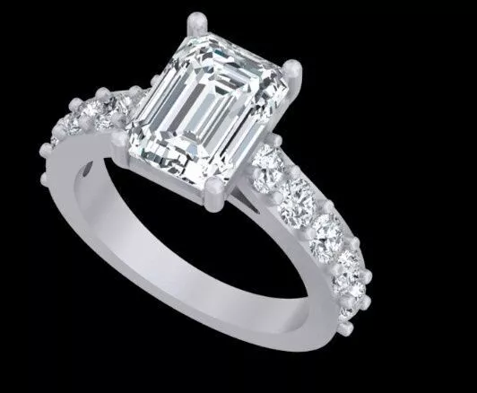 Emerald Cut Diamond Side Stone Engagement Ring 3D print model