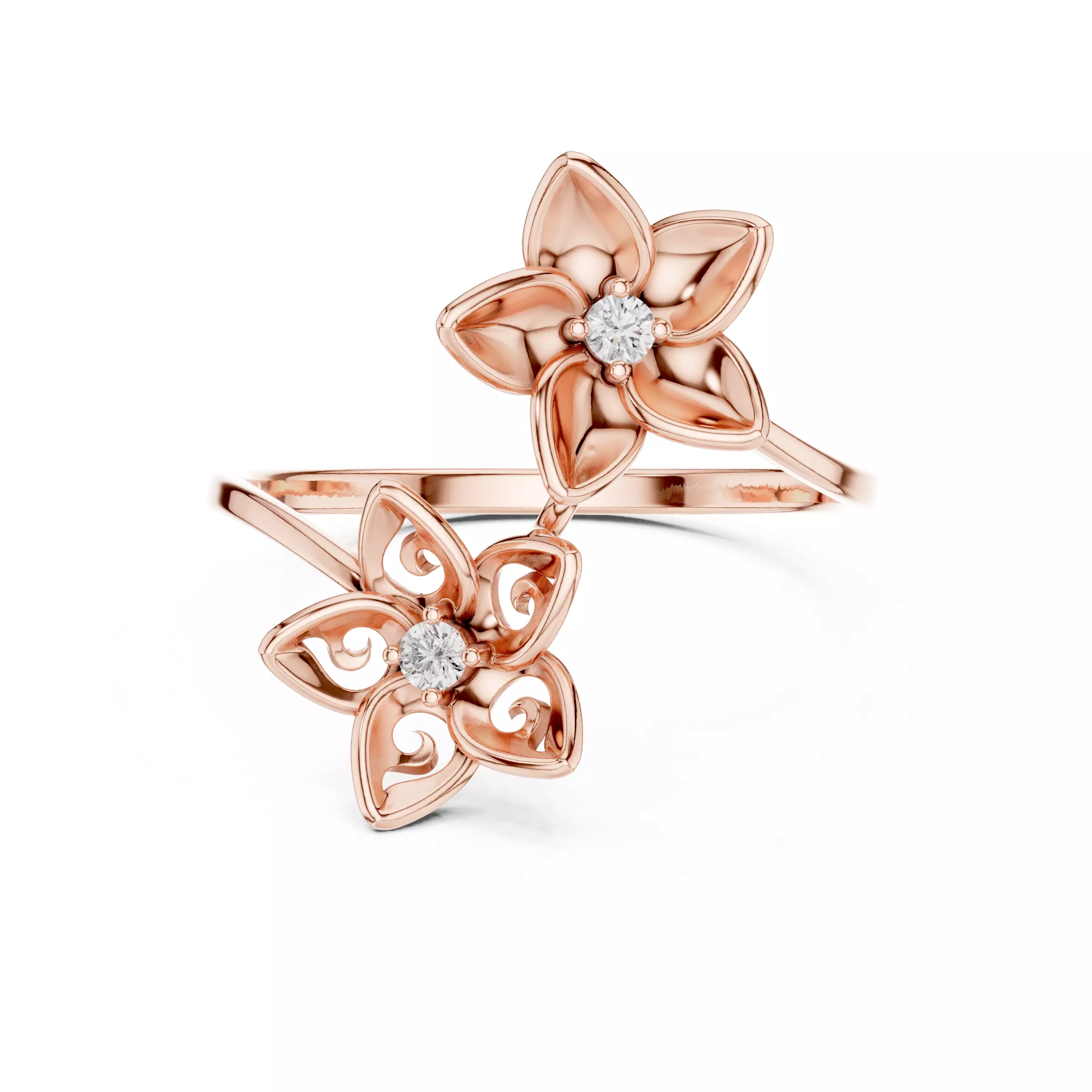 Double Floral Open Bypass Diamond Ring 3D print model