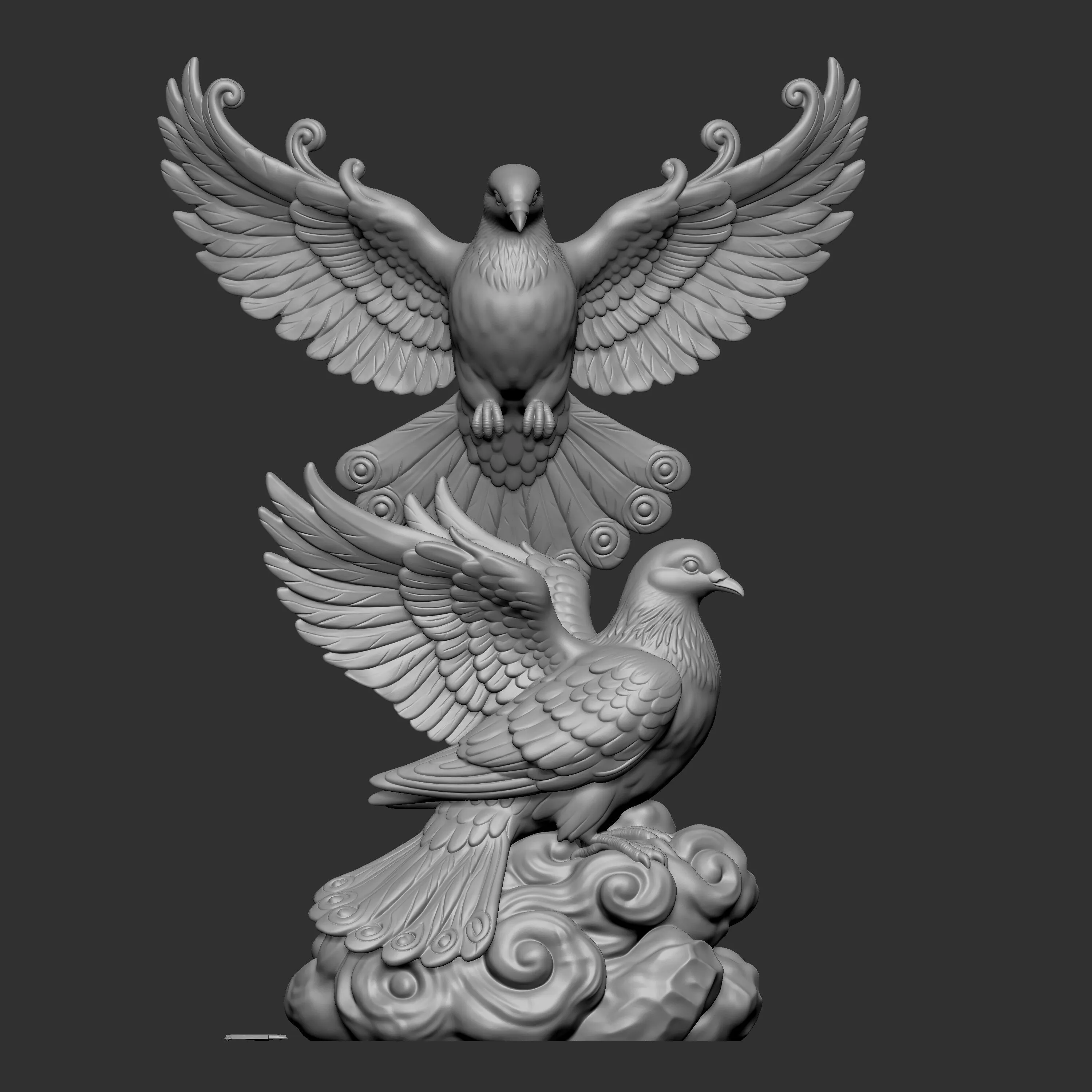 elegant 3D digital sculpture of two pigeons or dove 3D print model