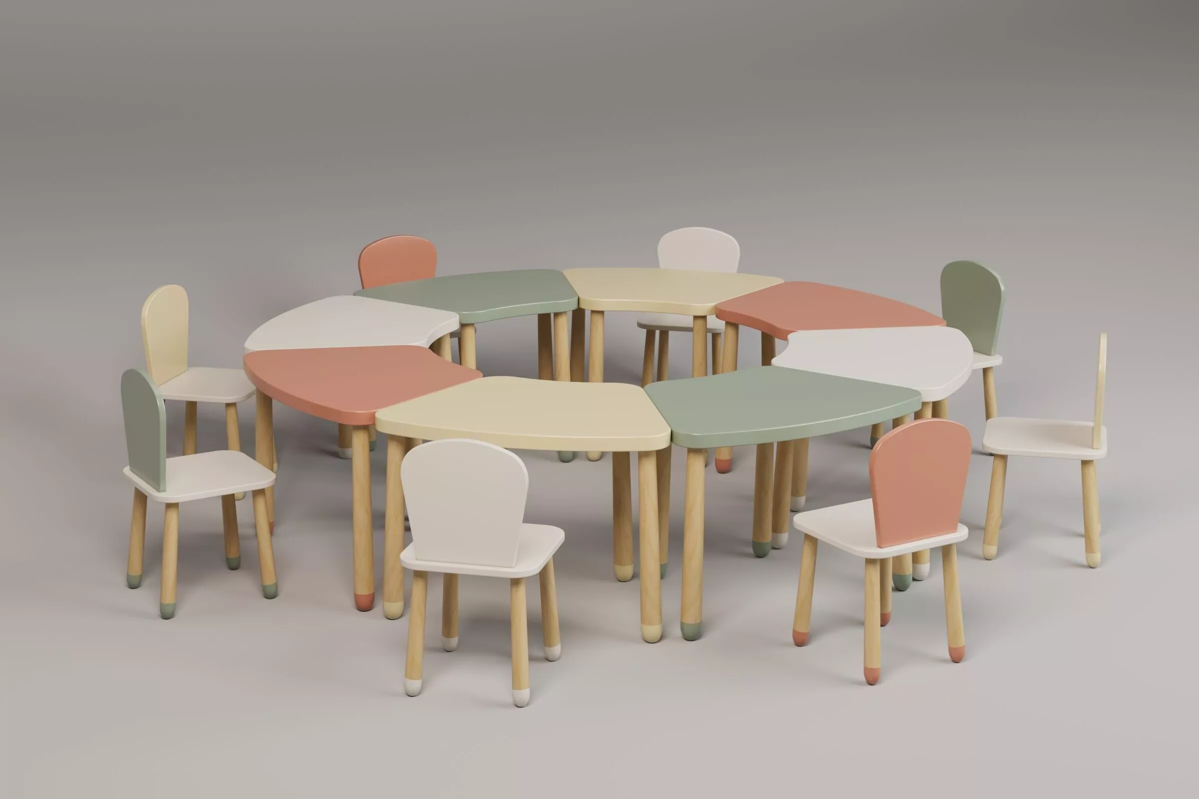 Montessori Modular Round Activity Table and Chairs Set 3D model