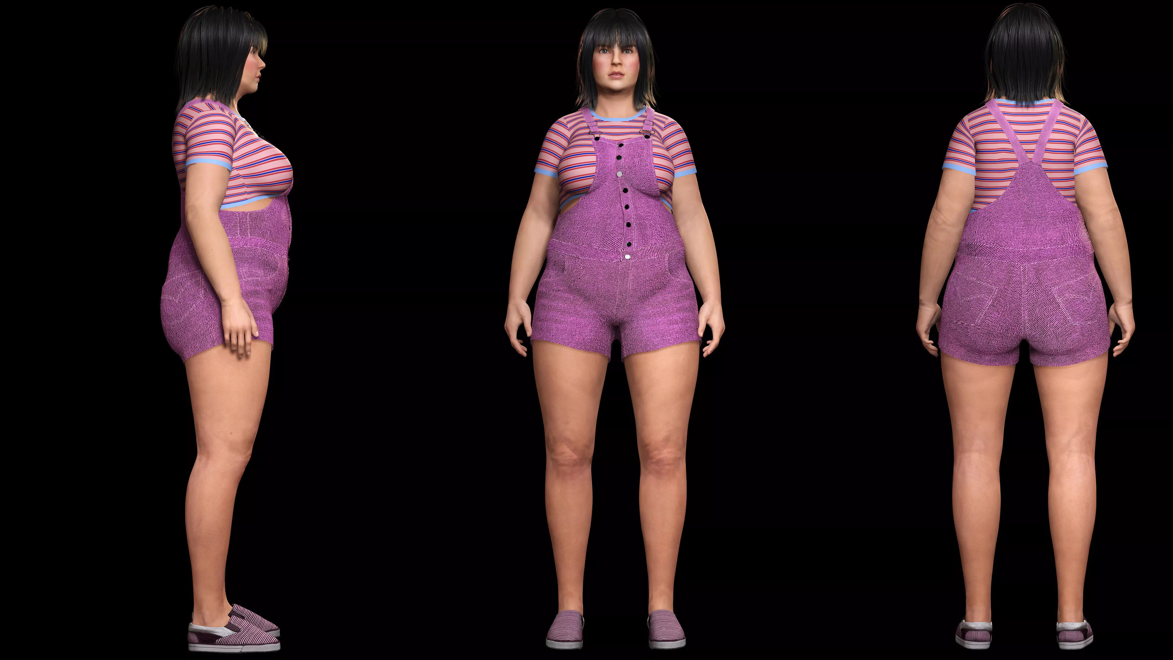 Plus Size Woman in Pink Overalls Game Ready Character Low-poly 3D model