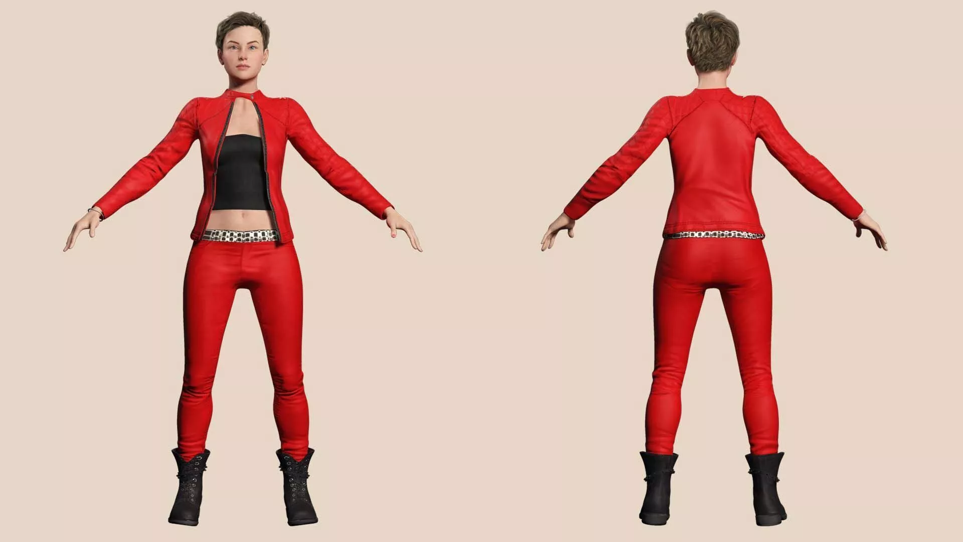 Modern Woman in Red Leather Outfit Game Ready Character Low-poly 3D model