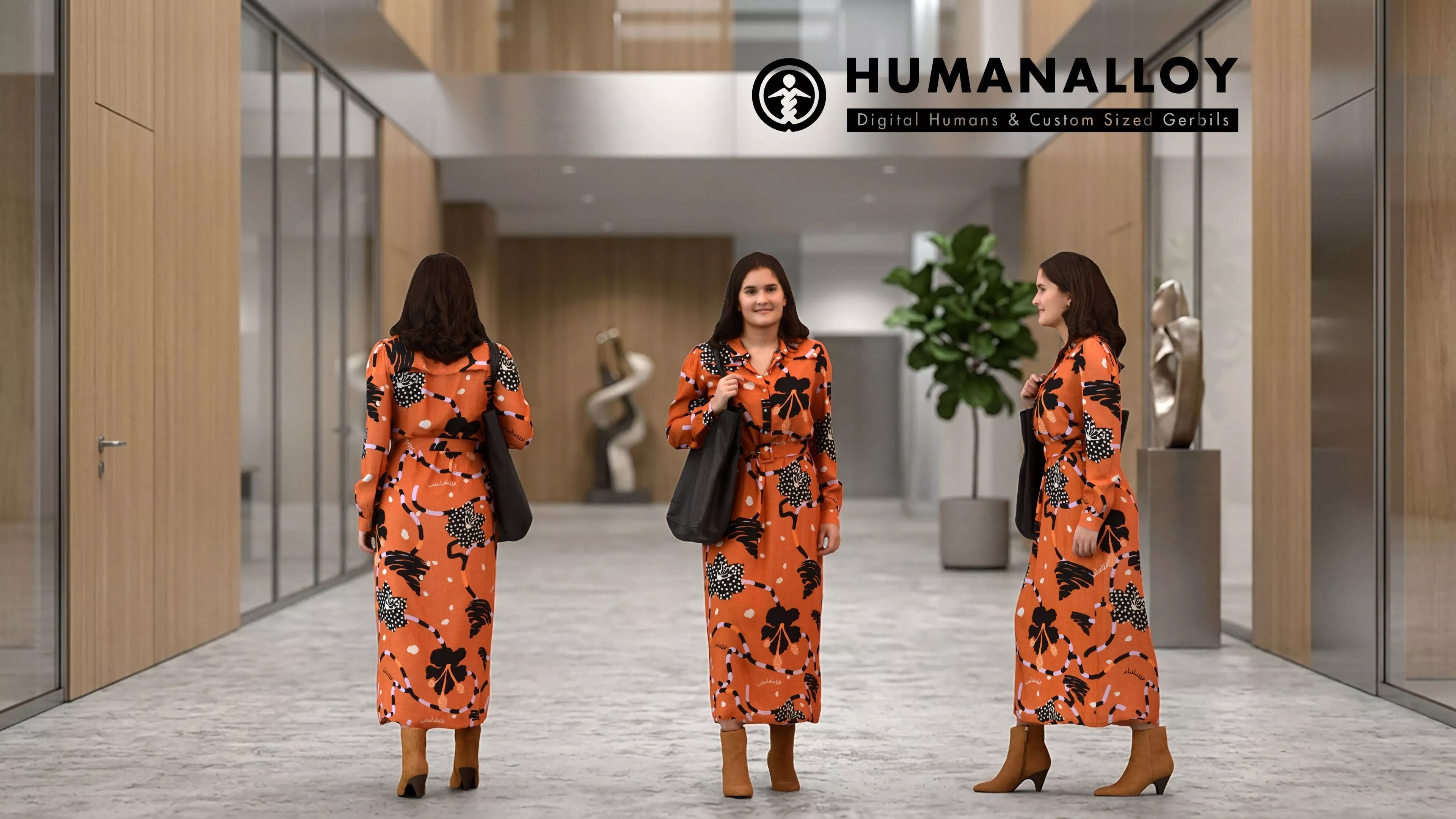 Adult Caucasian woman walking through public space carrying 3D model