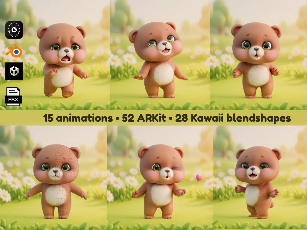 Bear Rigged Animated 52 ARKit 28 Kawaii Blendshapes Low-poly 3D model