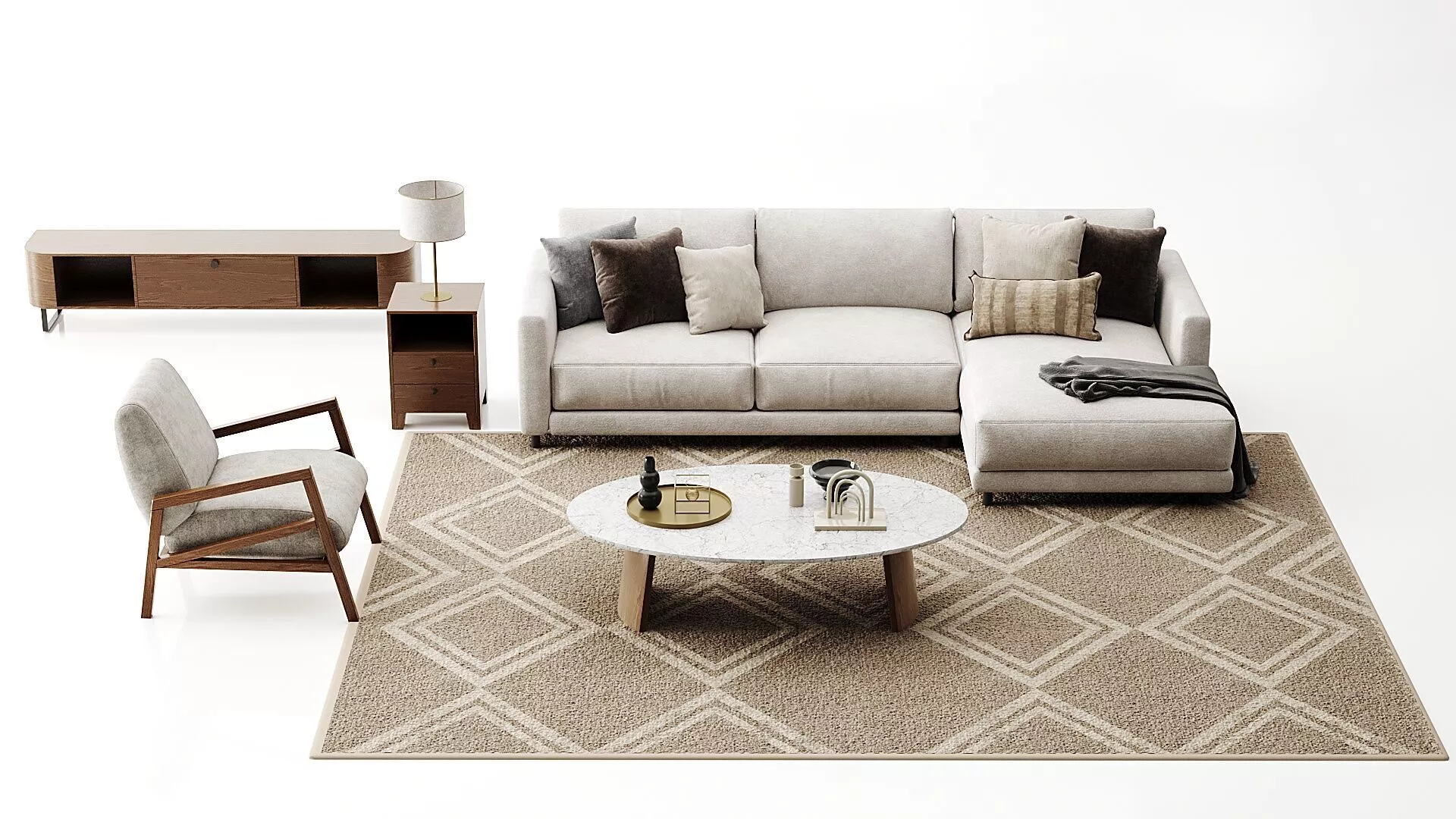 Contemporary Living Room Set with Sofa Armchair and TV Stand Free 3D model