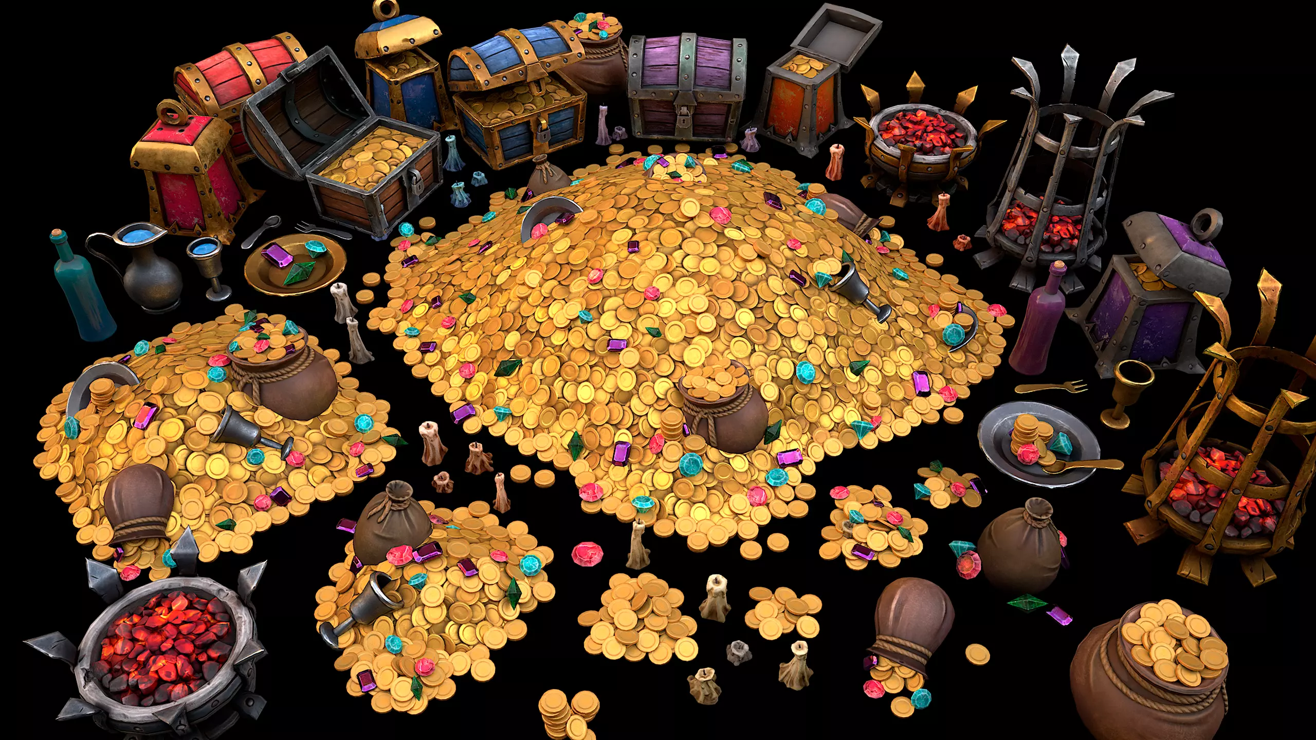 Pile of Gold Treasure Precious Stones Coins Chests Pack Low-poly 3D model