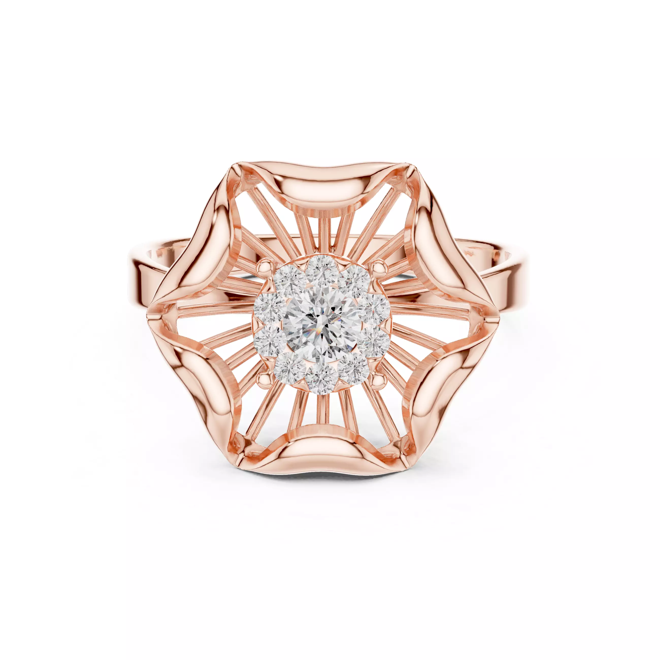 Geometric Sunburst Round Diamond Cluster Statement Ring 3D print model