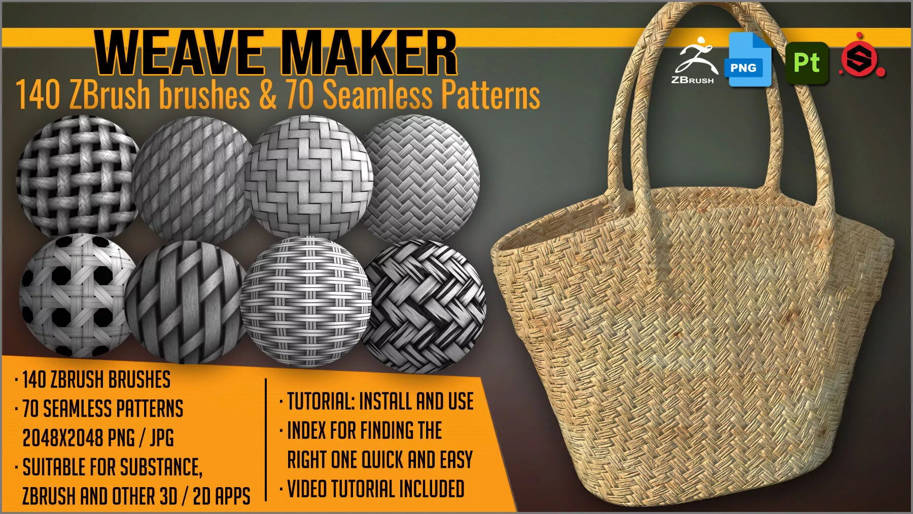Weave Maker 140 ZBrush brushes and 70 Seamless Patterns Texture