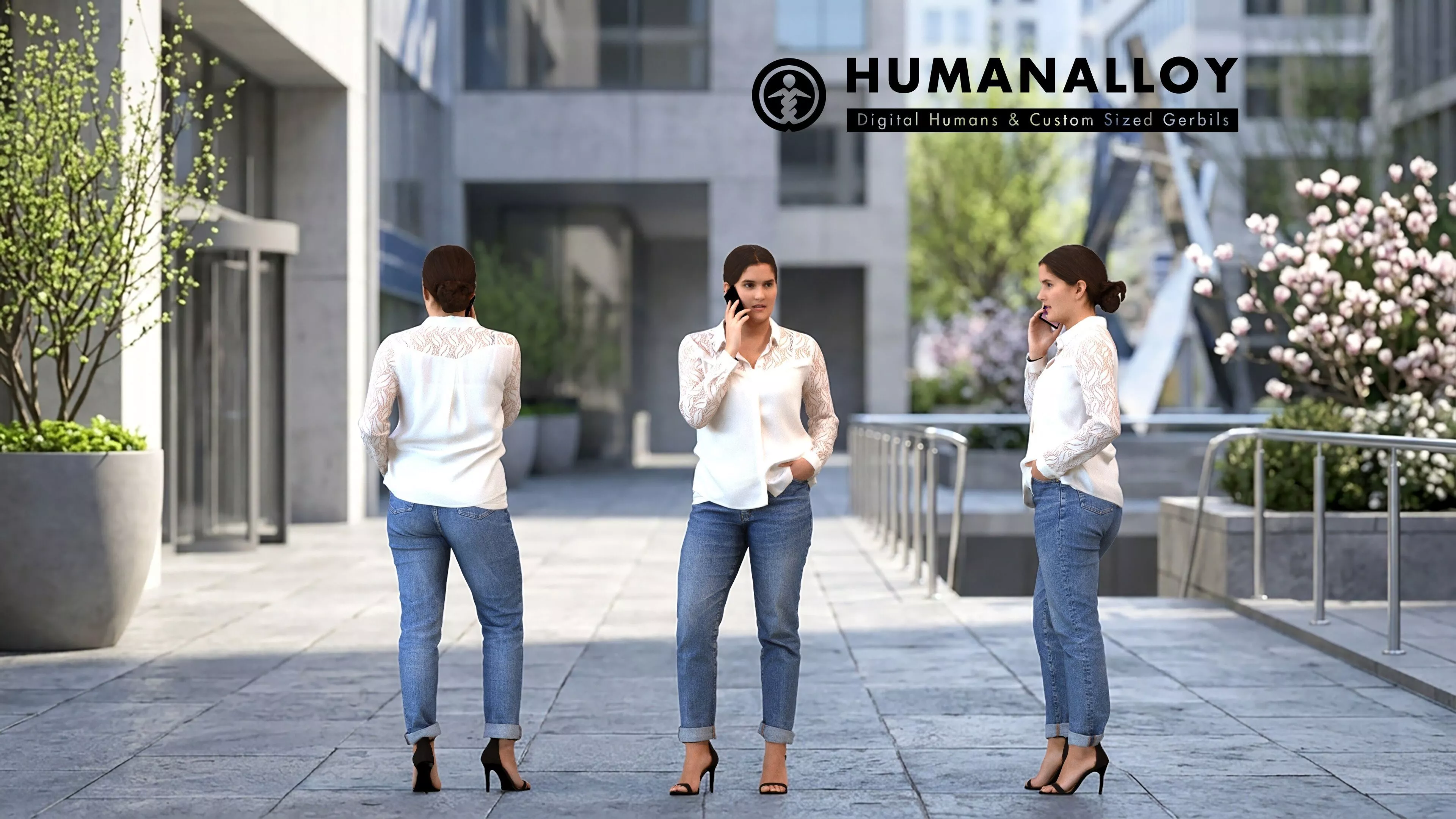 Adult Caucasian woman calling on smartphone in transitional 3D model