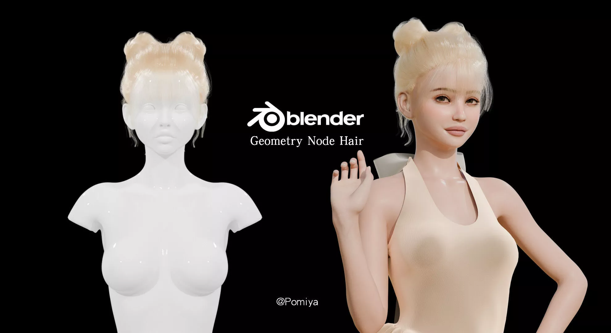 Space Buns Hair with Wispy Strands - Blender Geometry Nodes 3D model