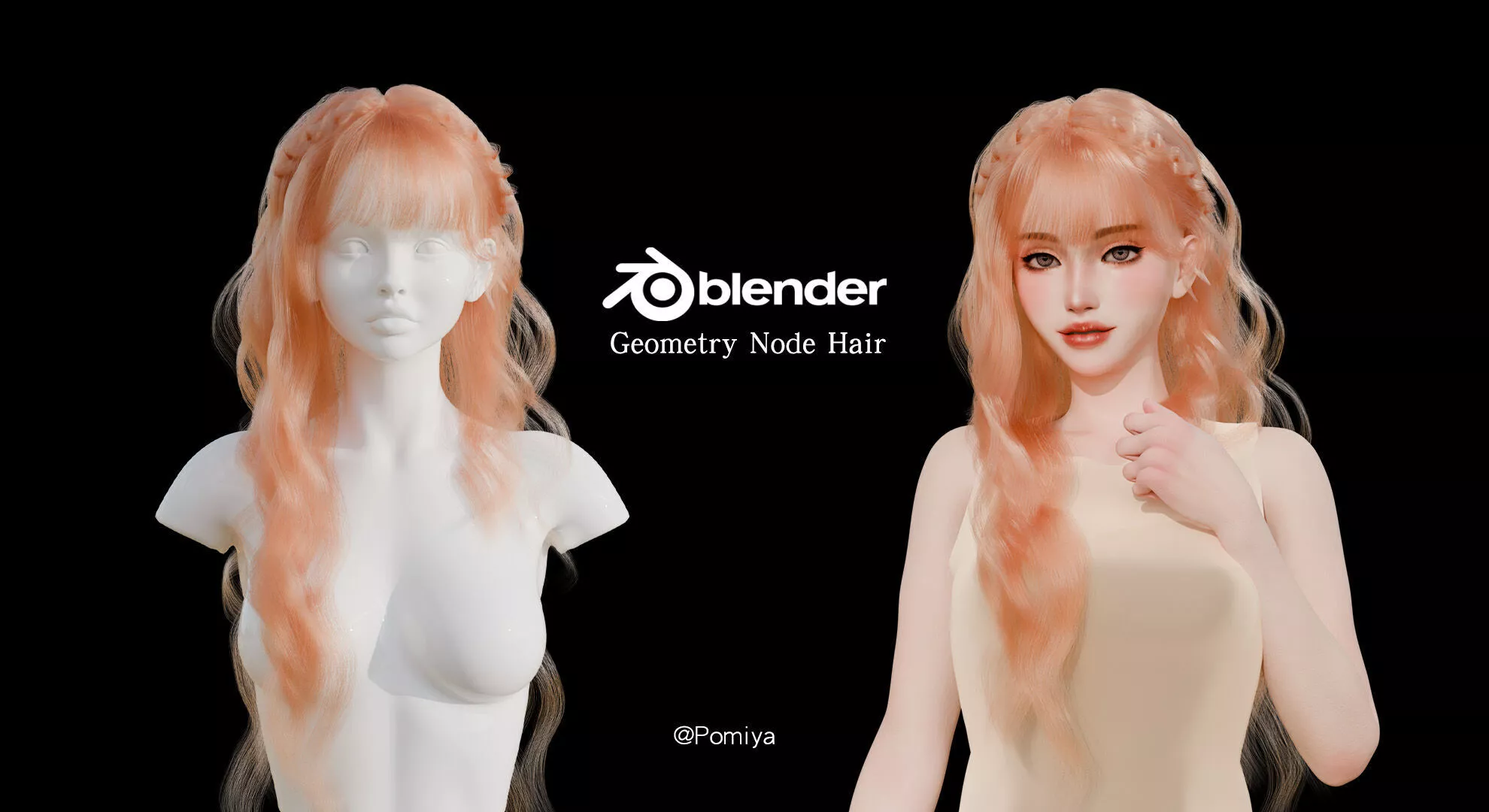 Long Wavy Hair with Braided Crown - Blender Geometry Nodes 3D model