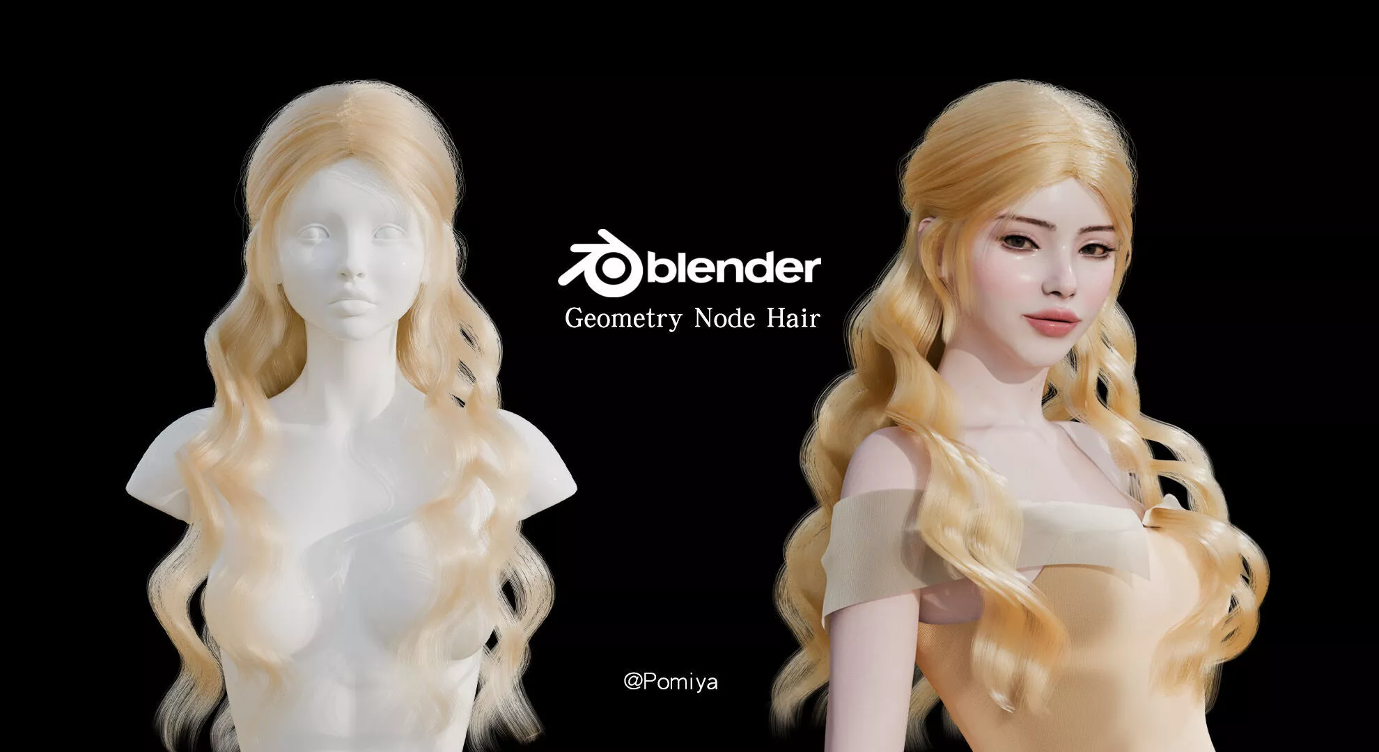 Half-Up Long Wavy Hair - Blender Geometry Nodes 3D model