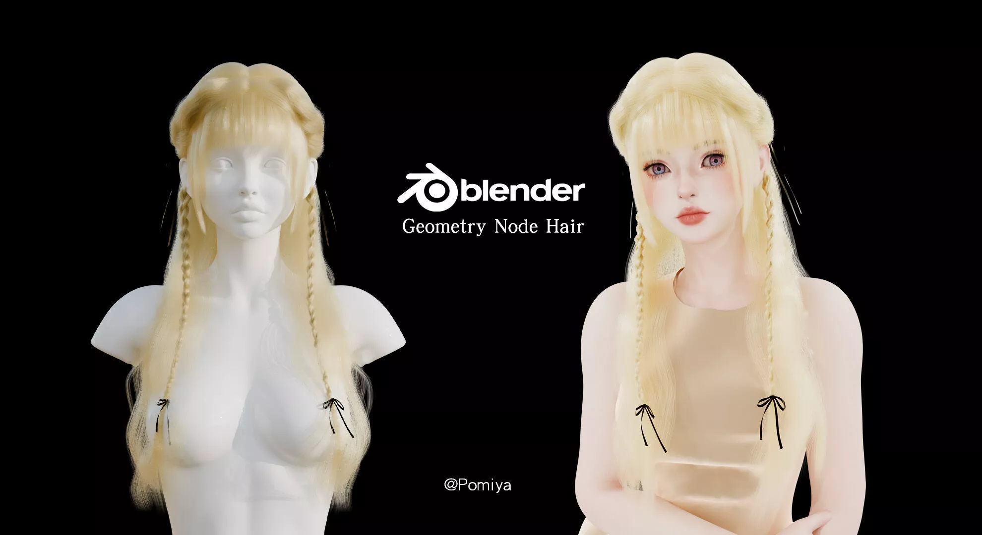 Long Hair with Twin Ribbon Braids - Blender Geometry Nodes 3D model