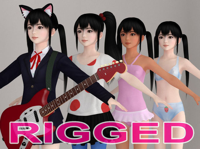 T pose rigged model of Azusa with various outfit 3D model