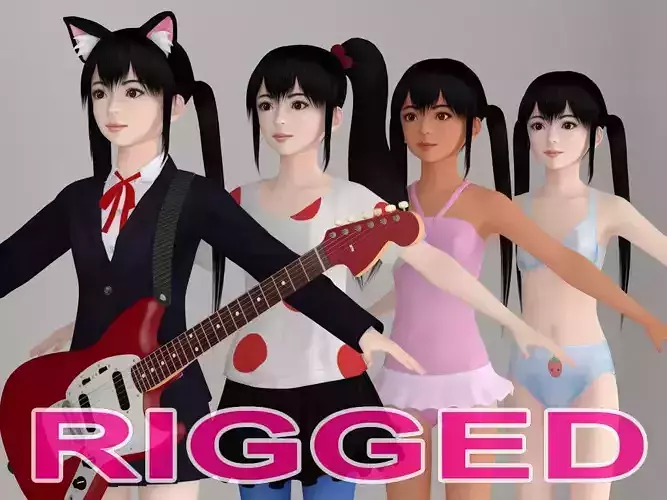 T pose rigged model of Azusa with various outfit 3D model