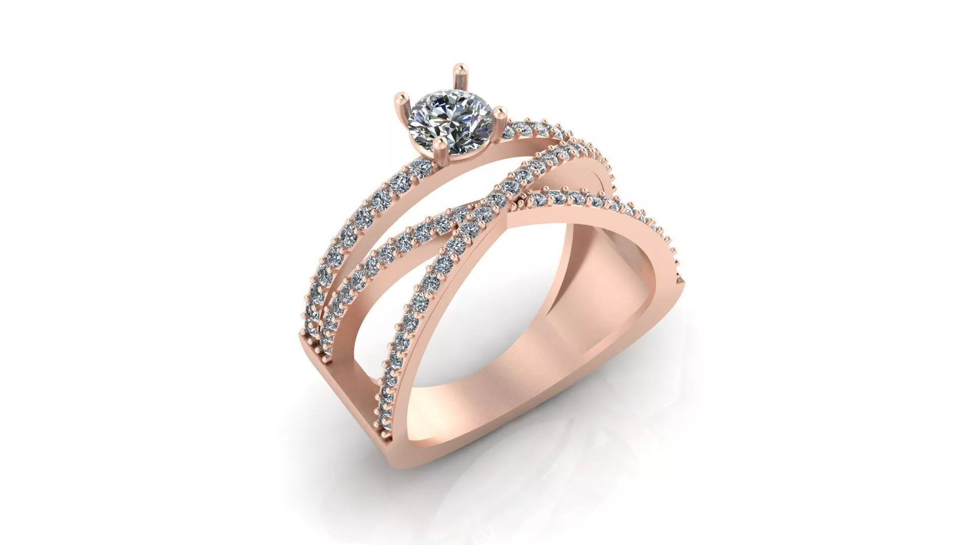 Rose Gold Crossover Multi Row Solitaire Diamond Ring CAD 3D print model