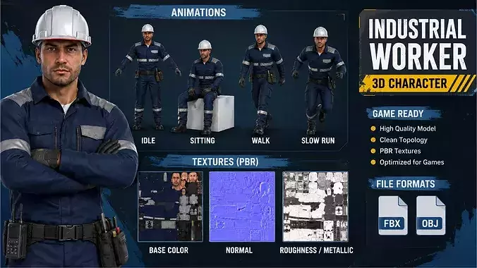 Industrial Worker 3D Character Game Ready Rigged Animated