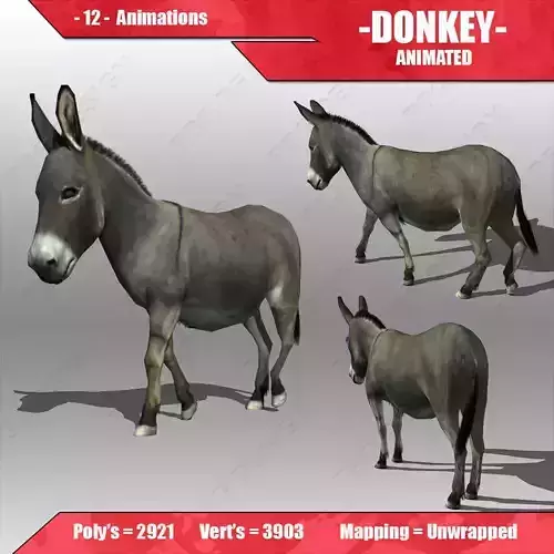 Donkey Animated Low-poly 3D model
