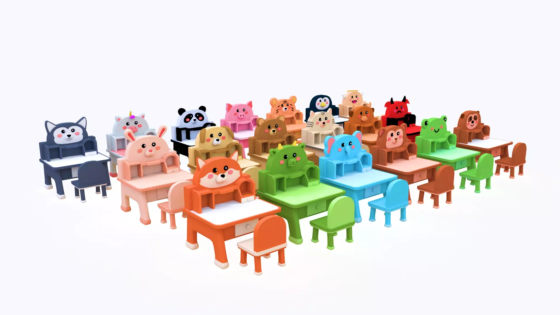 Cute Animal Kids Study Table Chair and Bookshelf Pack 01 Low-poly 3D model