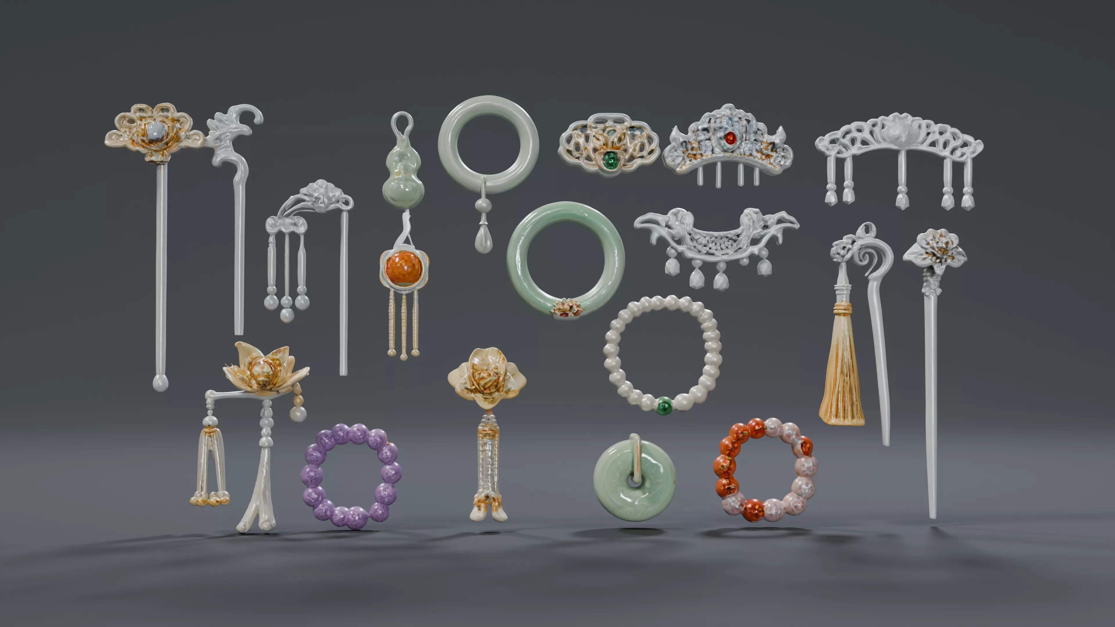 Chinese Ancient Hairpins Jewelry Set 3D model