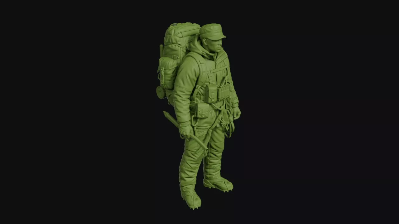 Modern mountain soldier with an ice axe and a heavy pack 3D print model