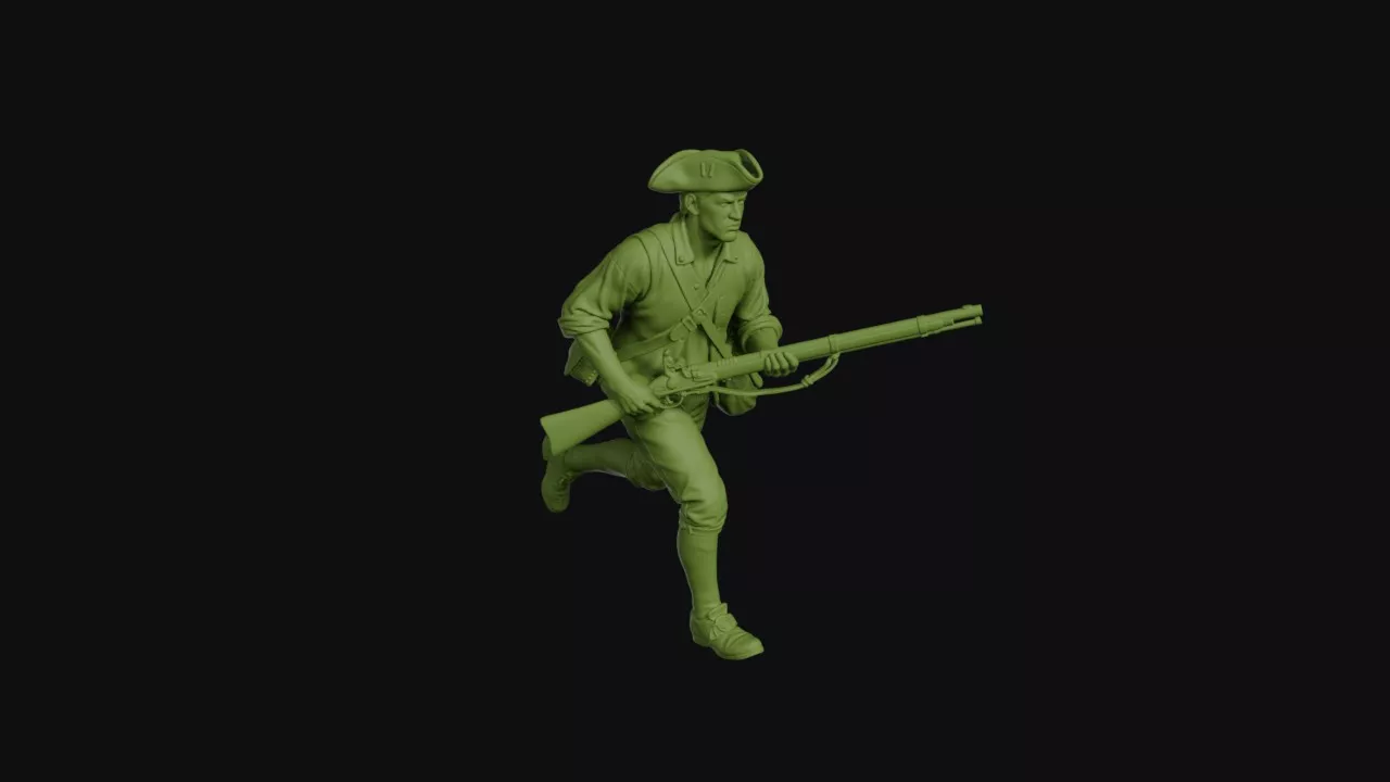Minuteman running forward musket held low farmers hat 3D print model