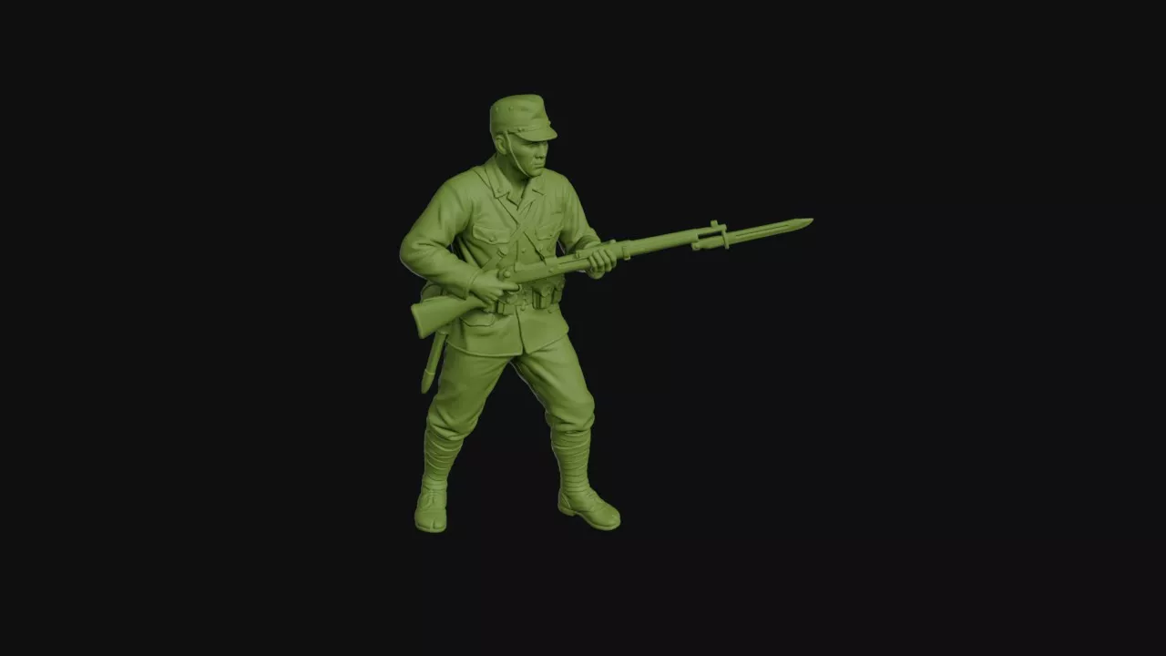 Japanese infantryman with an Arisaka and fixed bayonet field cap 3D print model