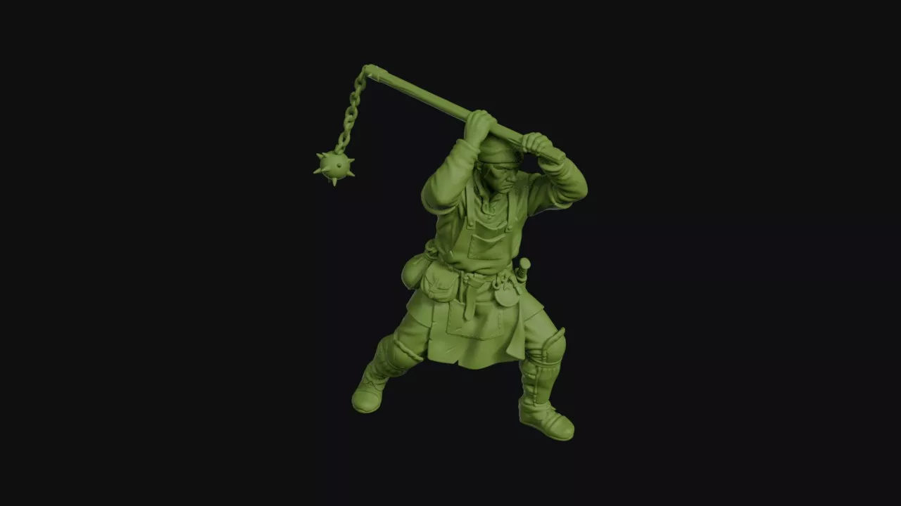 Hussite war-wagon crewman crouched long-handled flail raised 3D print model