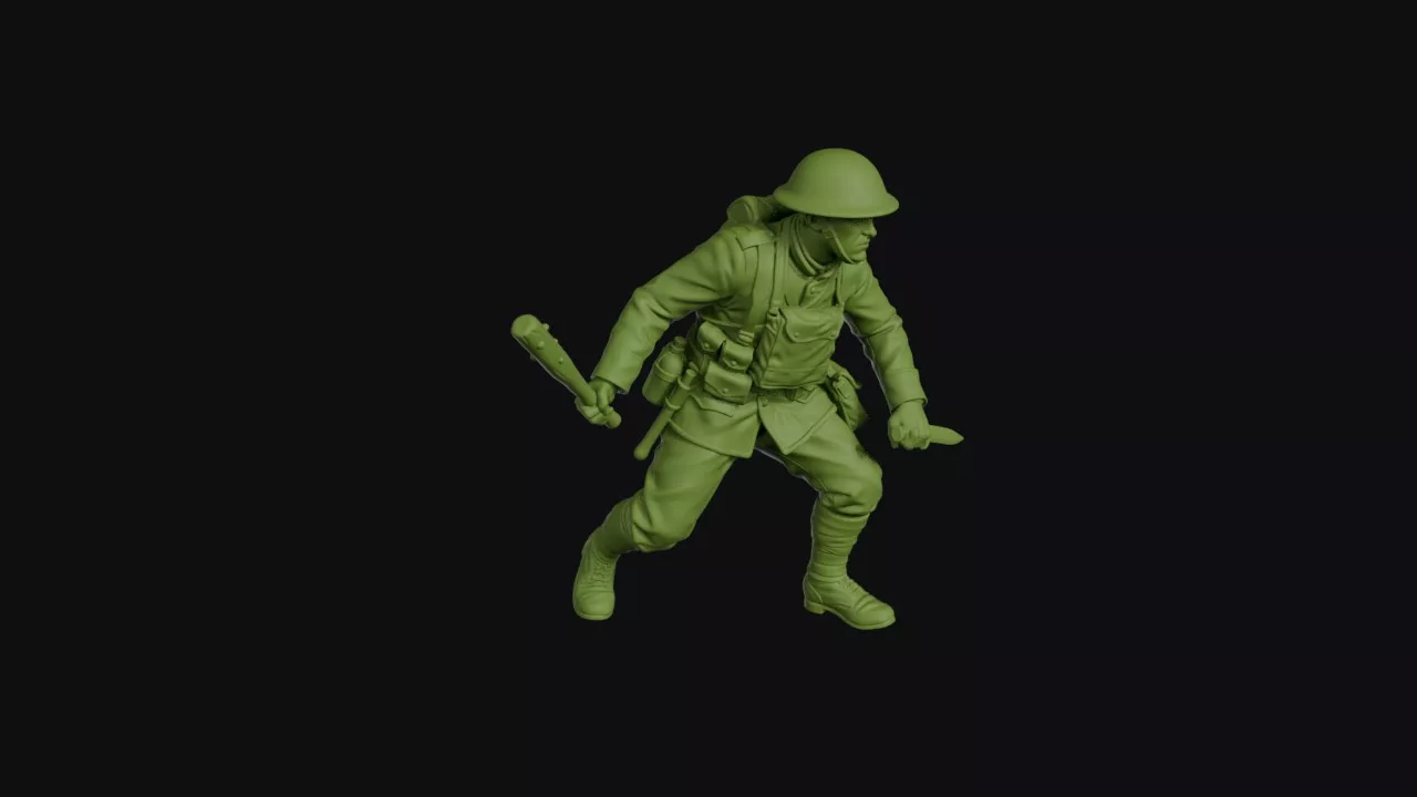 Great War trench raider crouched wooden club and knife 3D print model