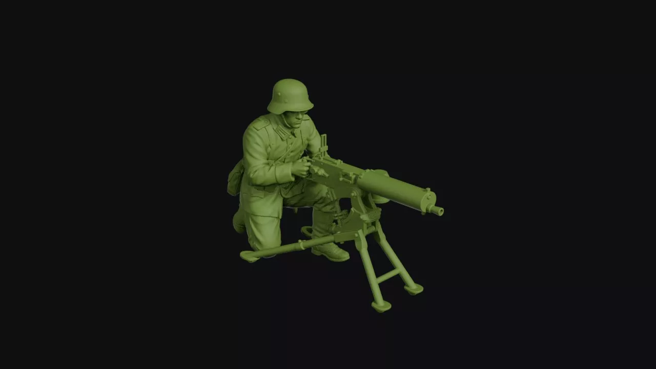 German MG08 gunner kneeling behind a sledge-mounted machine gun 3D print model