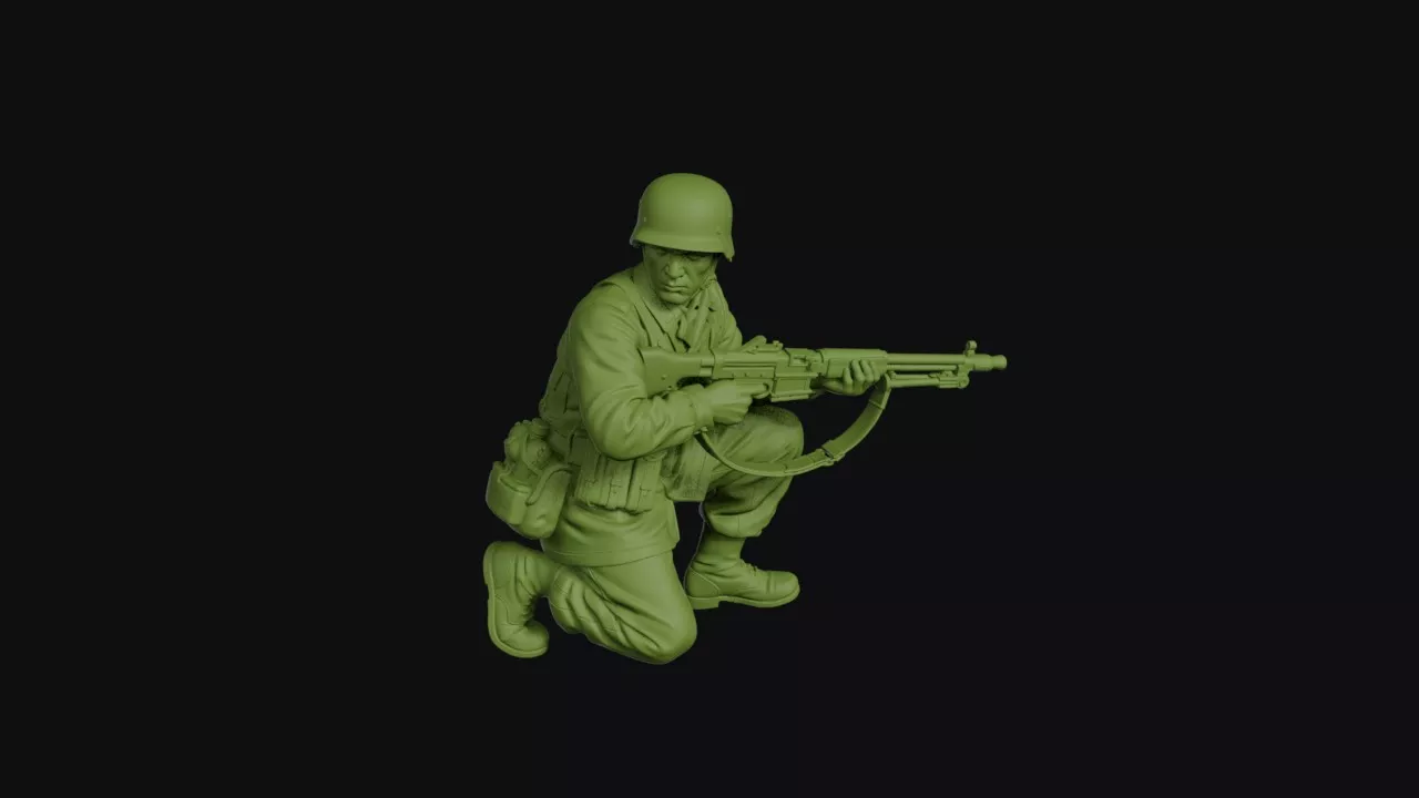 German Fallschirmjager crouched with an FG42 rimless helmet 3D print model