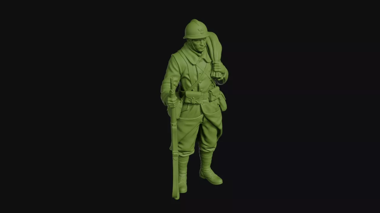 French poilu at rest rifle grounded blanket roll on his shoulder 3D print model