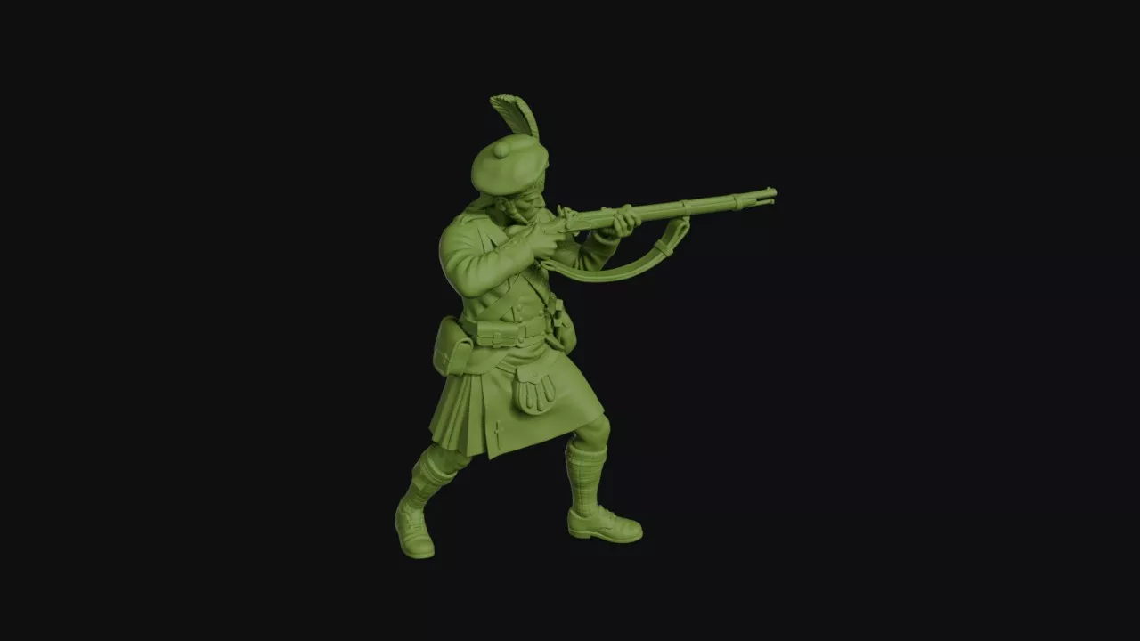 Crimean War Highlander firing a Mini rifle feather bonnet 3D print model