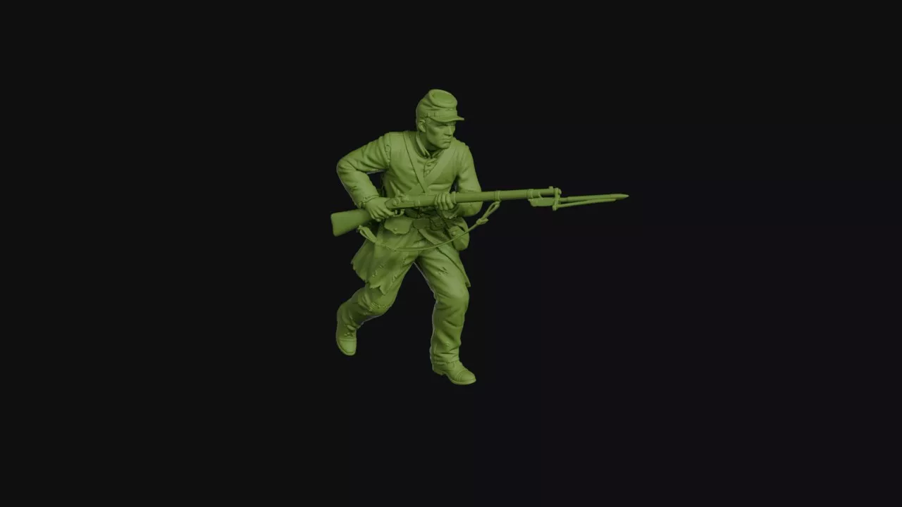 Confederate infantryman charging bayonet levelled ragged uniform 3D print model