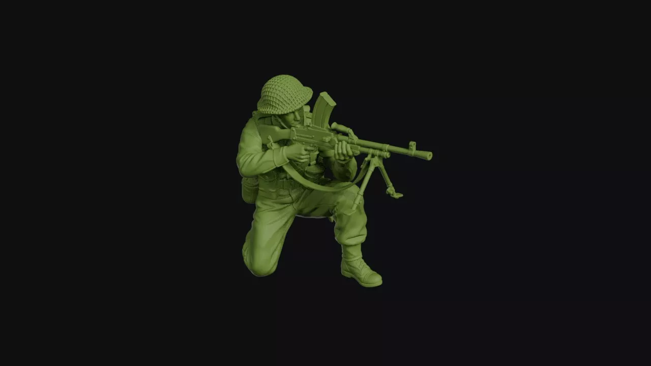 British Bren gunner kneeling machine gun braced on its bipod 3D print model