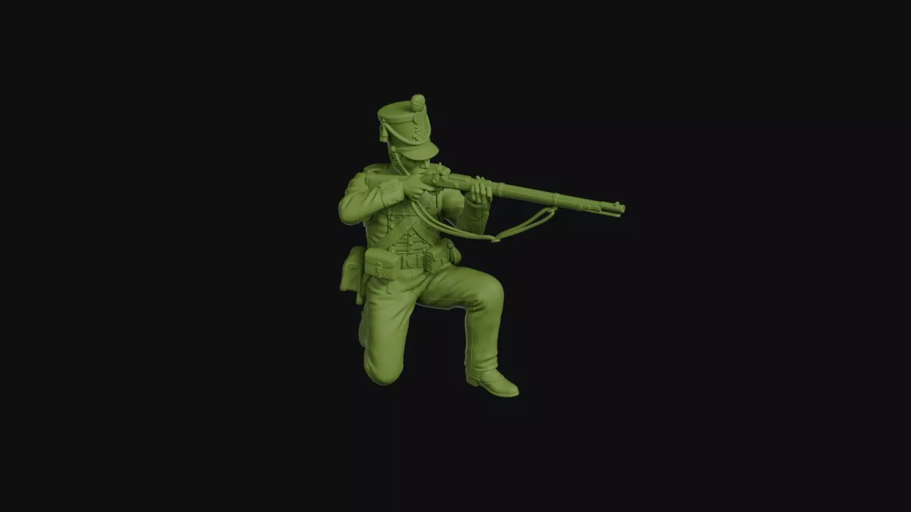 British 95th rifleman kneeling to fire a Baker rifle 3D print model