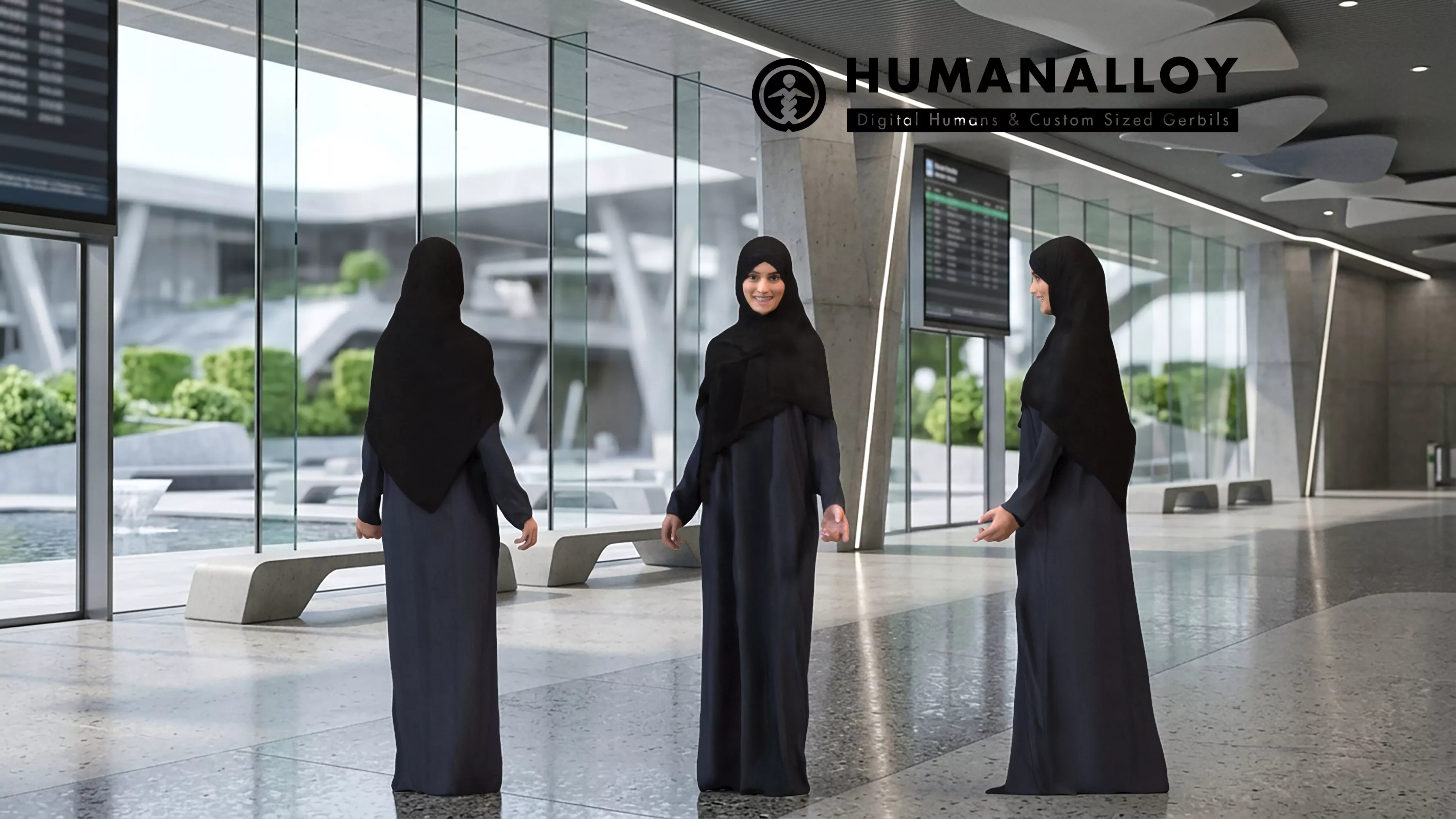 Adult Middle Eastern woman waiting in public space wearing 3D model