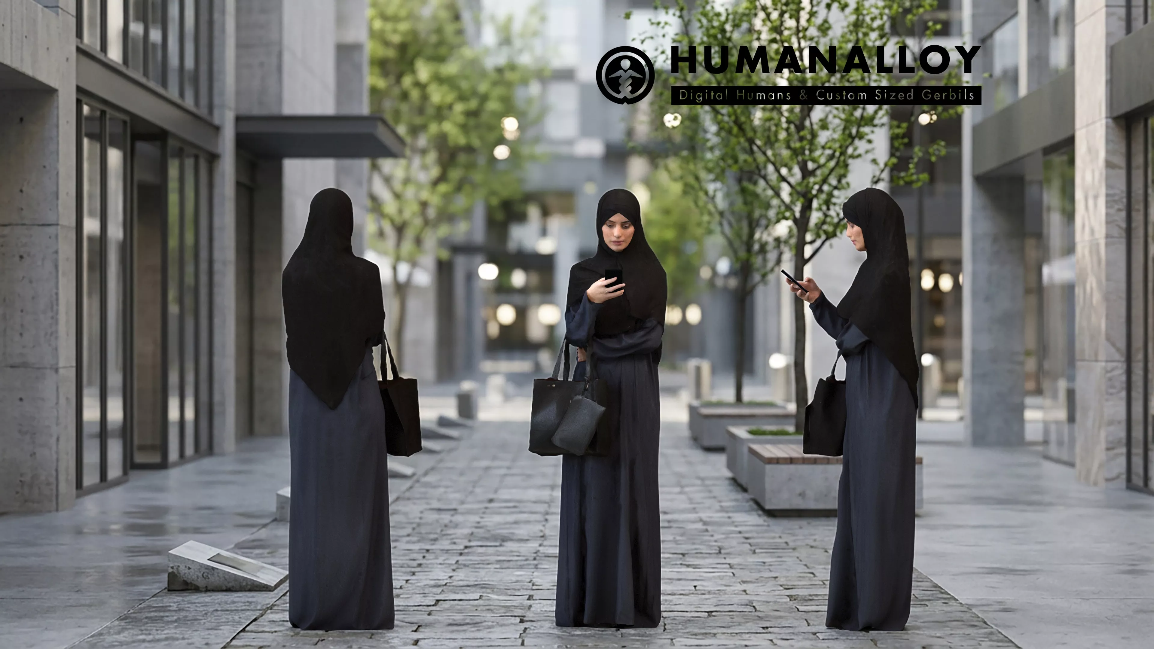 Adult Middle Eastern woman standing in public wearing abaya and 3D model